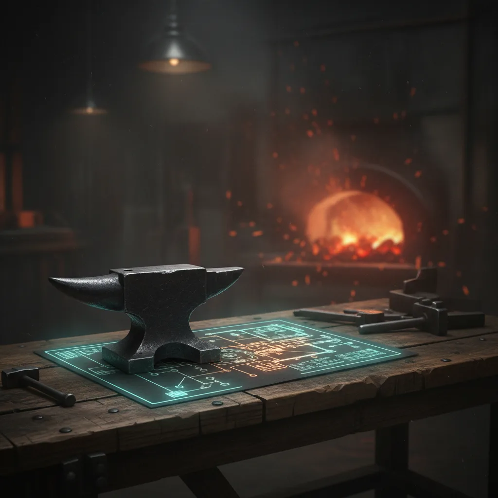 A small forged steel anvil resting beside a luminous glowing blueprint of a smart contract on a timber workshop table.