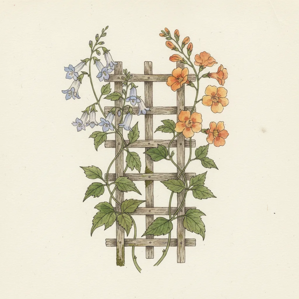 Two flowering vines intertwining around a shared wooden trellis in a botanical specimen style