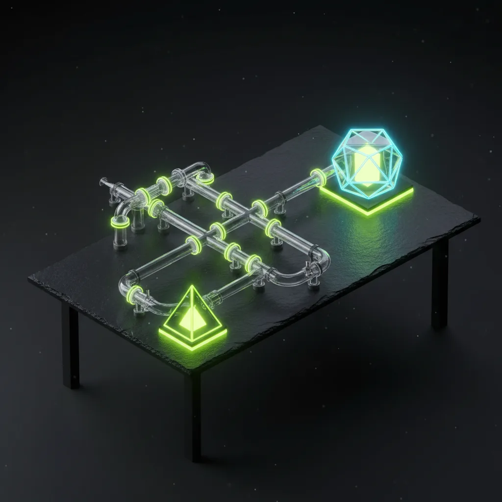 Isometric technical diagram of two-step composable call pipeline with glowing relay nodes